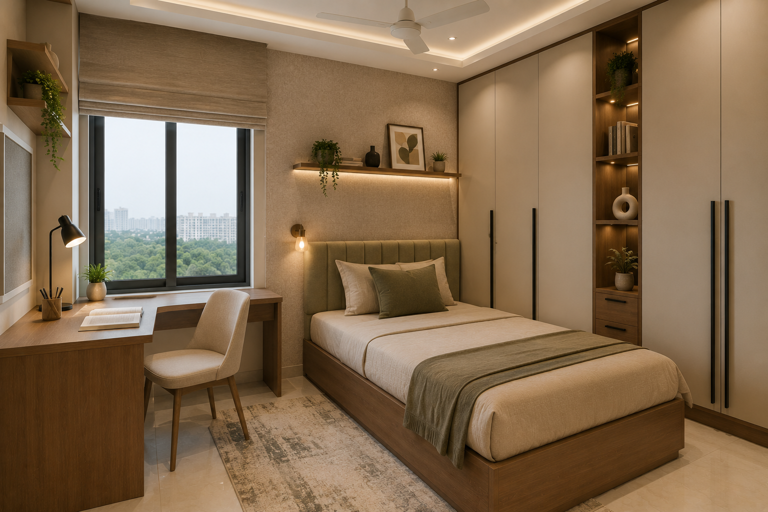 Second bedroom design with study table and wardrobe for 2BHK flat